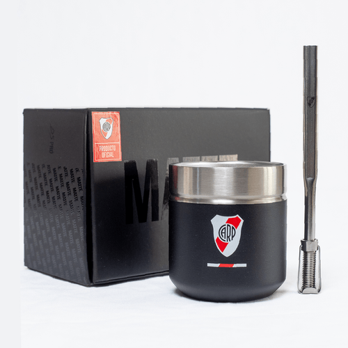 Mate DS PRO River Plate  Escudo Blanco-Rojo Fondo Negro + Bombilla