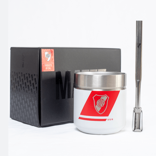 Mate DS PRO River Plate Blanco Franja Horizontal Roja Escudo Plateado + Bombilla