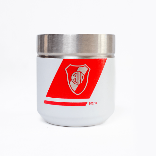 Mate DS PRO River Plate Blanco Franja Horizontal Roja Escudo Plateado + Bombilla